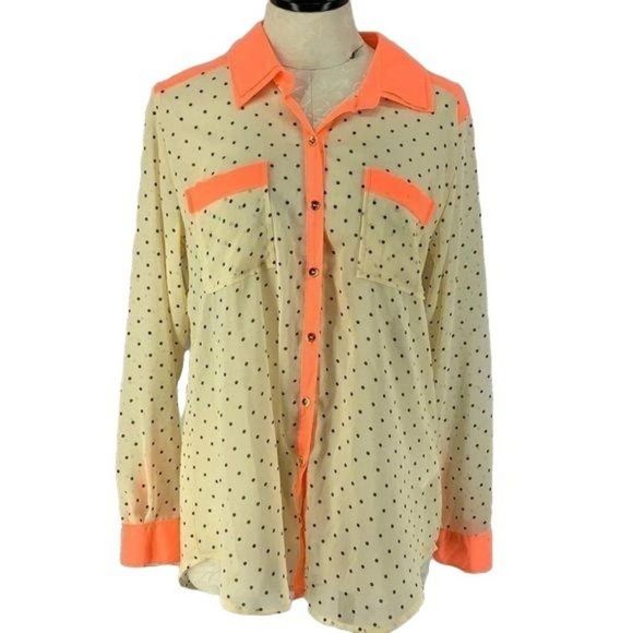Democracy Woman Pale Yellow‎ Sheer Polka Dot Neon Pink Button Down Blouse Medium - Picture 1 of 11